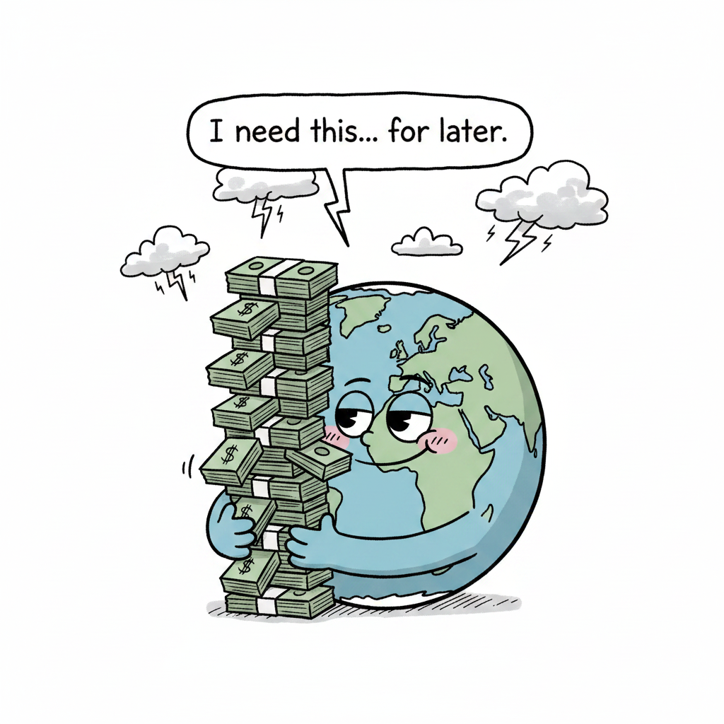 Cartoon illustration of Earth smugly hugging a pile of money while storm clouds gather in the background, representing the risk of delaying climate investment
