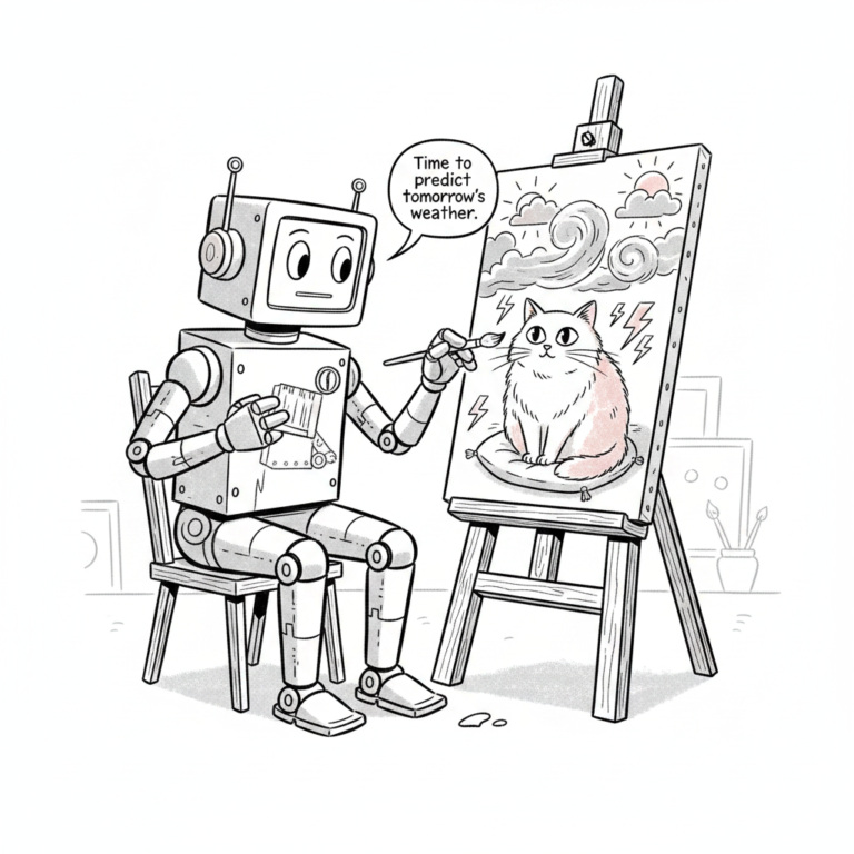 Cartoon robot painting a live portrait of a cat, symbolizing AI weather prediction