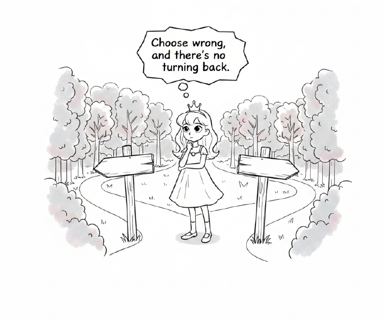 Illustration of a girl standing at a fork in a forest path, thinking 'Choose wrong, and there's no turning back,' representing how a decision tree commits to a path without reconsidering.