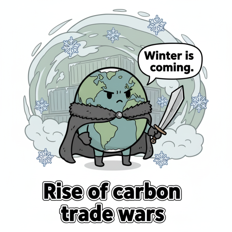 Cartoon of Earth dressed as a warrior with a sword and cape, saying 'Winter is coming,' representing the rise of CBAM (Carbon Border Adjustment Mechanism) in global trade.