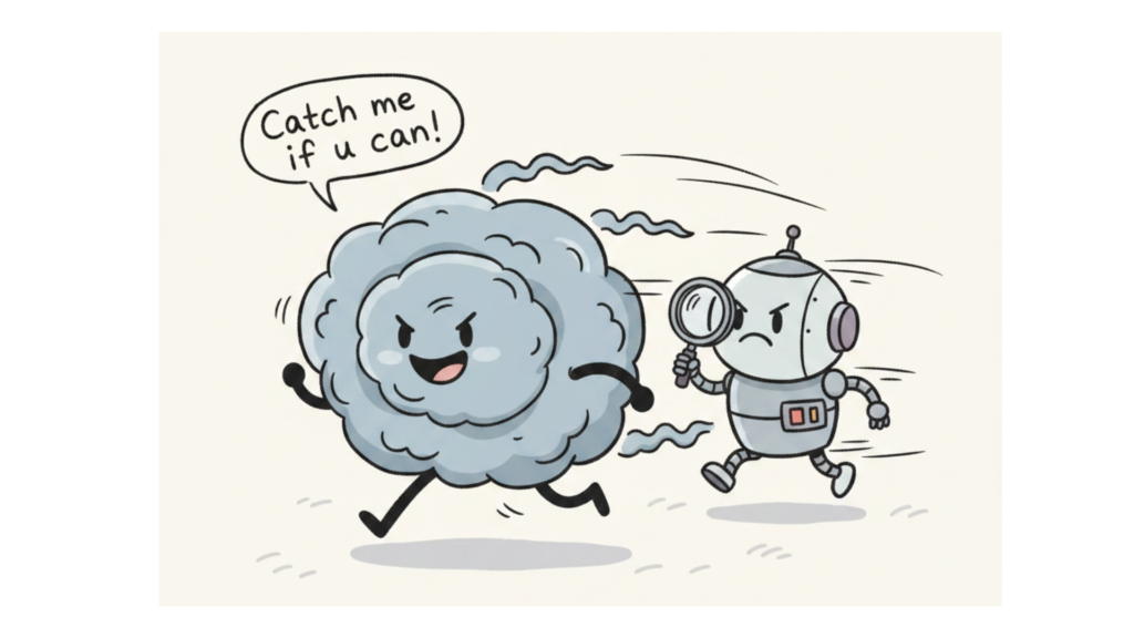 Cartoon illustration of a small storm character being chased by a robot holding a magnifying glass, representing a CNN model trying to detect rare Kona low storm events.