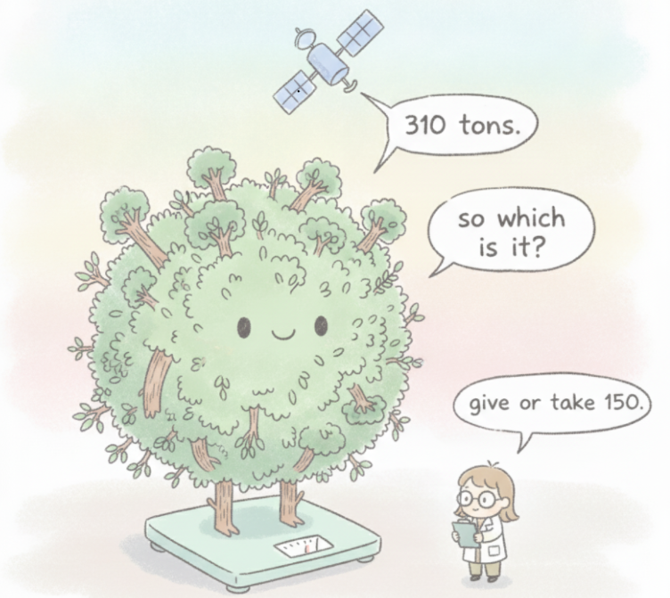 Cartoon illustration of a forest character on a scale, with a satellite saying '310 tons' and a researcher saying 'give or take 150,' illustrating uncertainty in satellite forest carbon measurement.
