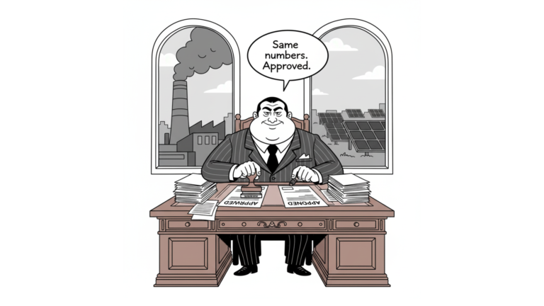 line art cartoon of a fat banker in a pinstripe suit stamping 'approved' on two identical forms, saying 'same numbers, approved.' his cigar smoke merges with a coal plant's smokestack in one window while a solar farm sits ignored in the other